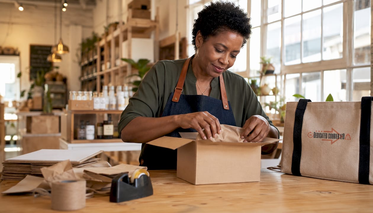 Shop owner packaging parcel for courier