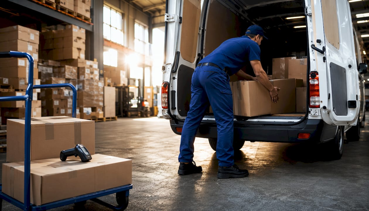 Courier loading parcels into panel van