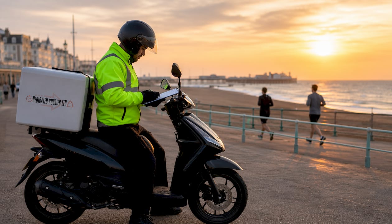Courier on motorbike in Brighton street