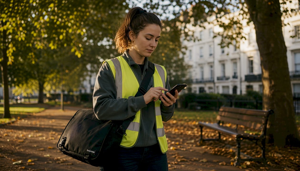 Courier checking delivery tracking on smartphone