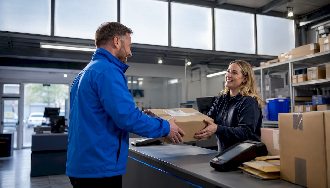 Courier handing parcel at Alfreton delivery office counter