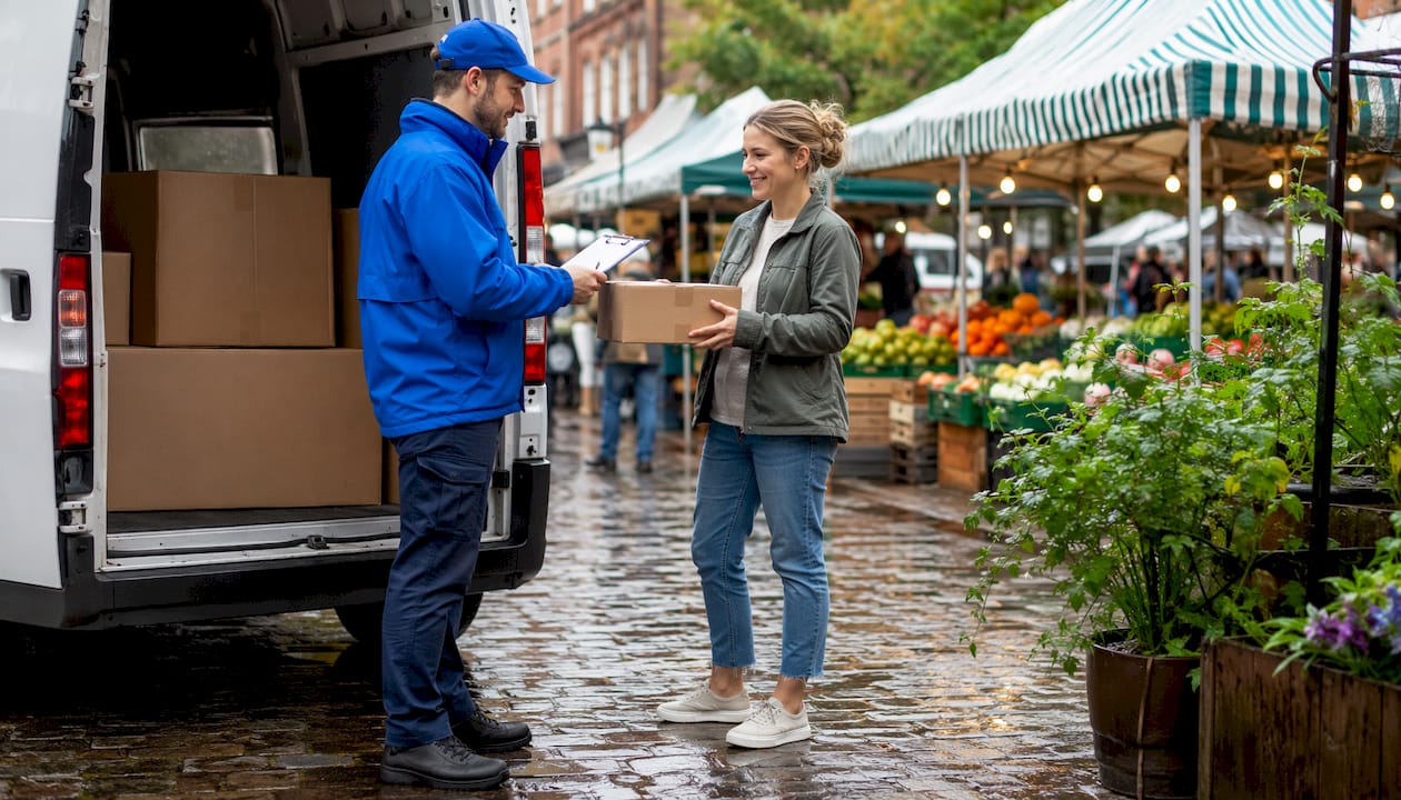 Courier van and parcel pickup on Alfreton High Street