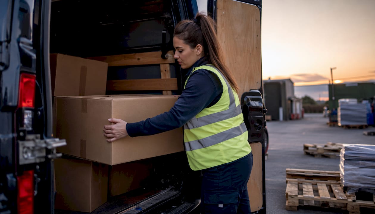 Courier loading parcel into LWB Transit van