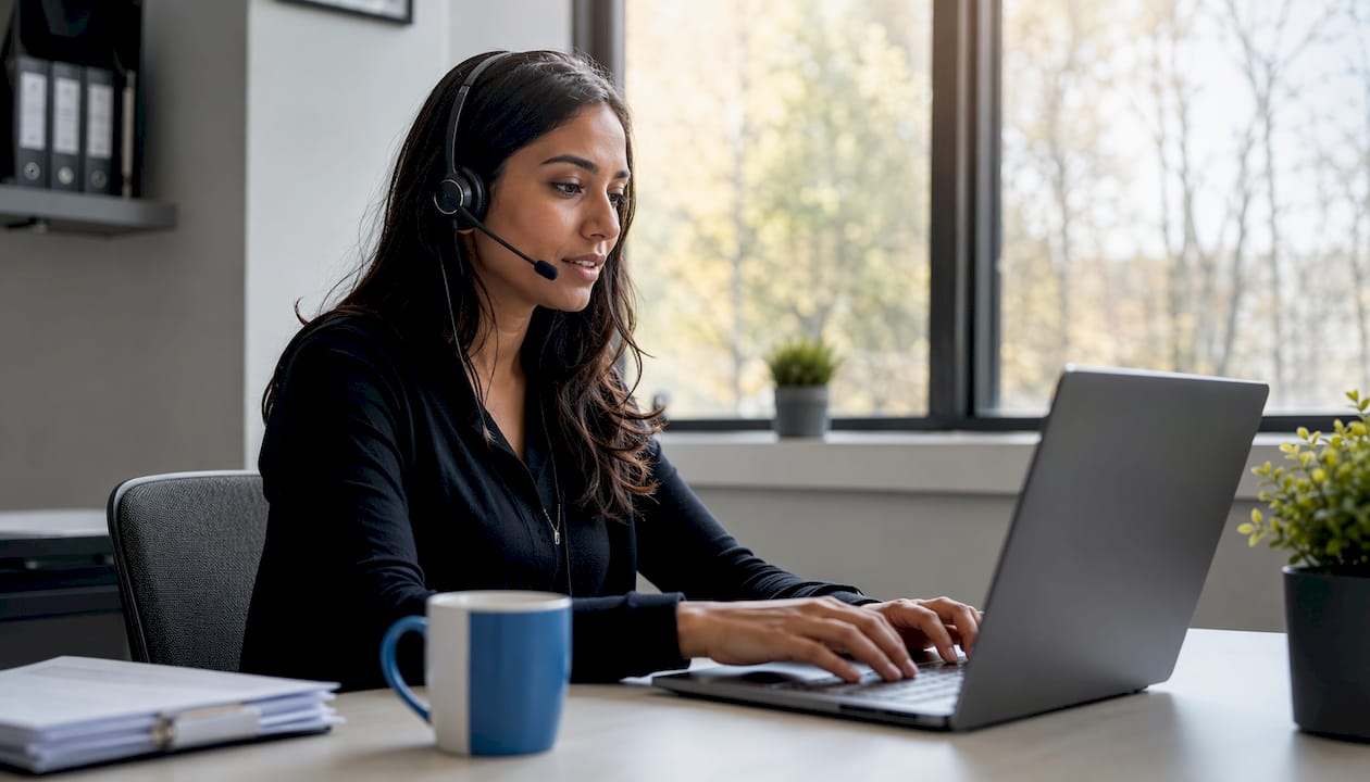 Customer support agent typing at call center