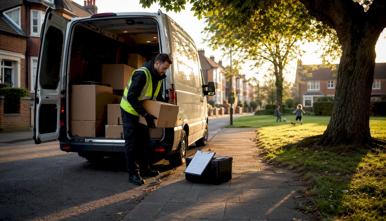 Courier loading parcel into delivery van outdoors