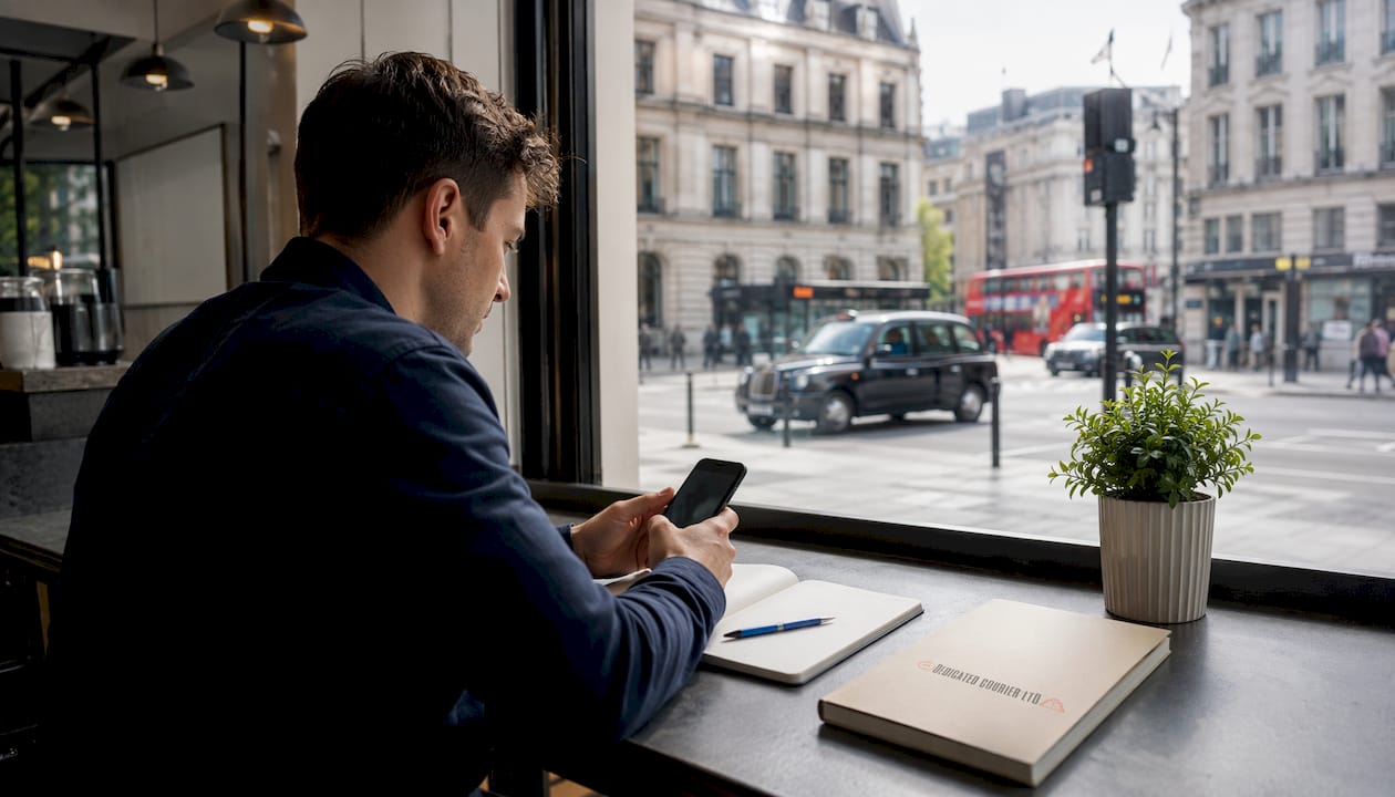 Hands dialing phone booking urgent courier service