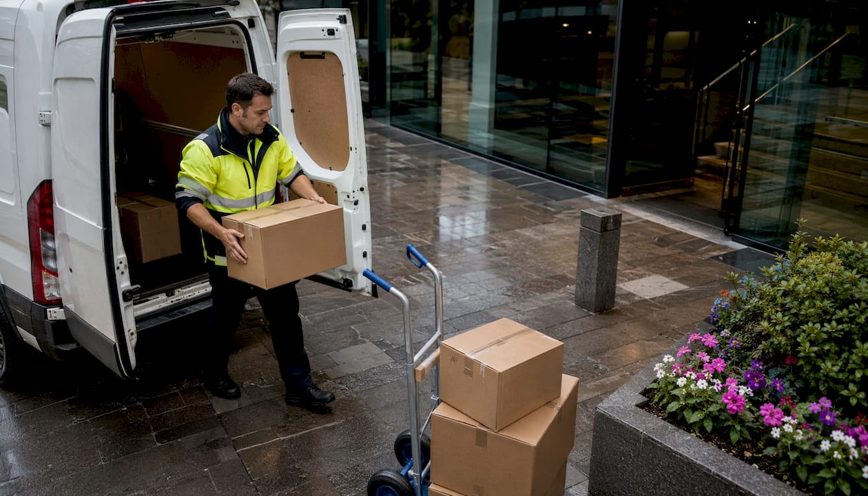 Courier loading van for same-day delivery in Aberdeen