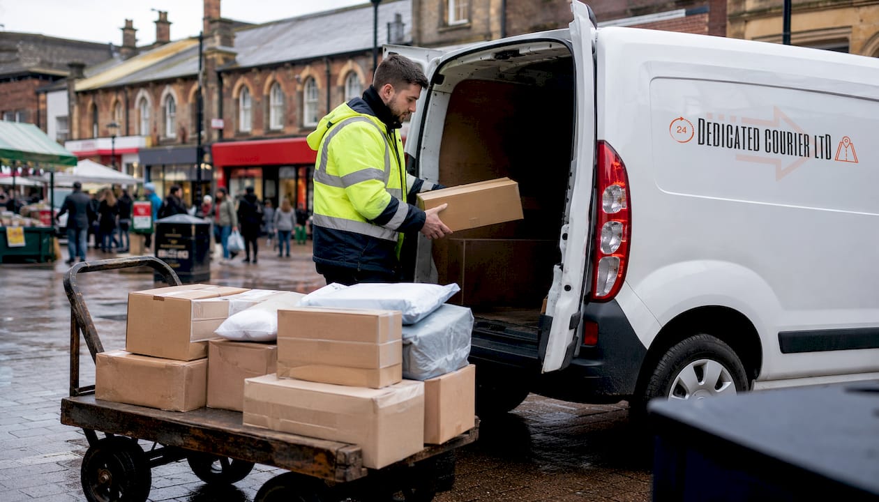 Courier loading packages into van in Blackburn