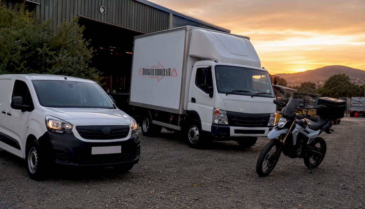 Lineup of courier vehicles in Blackburn yard