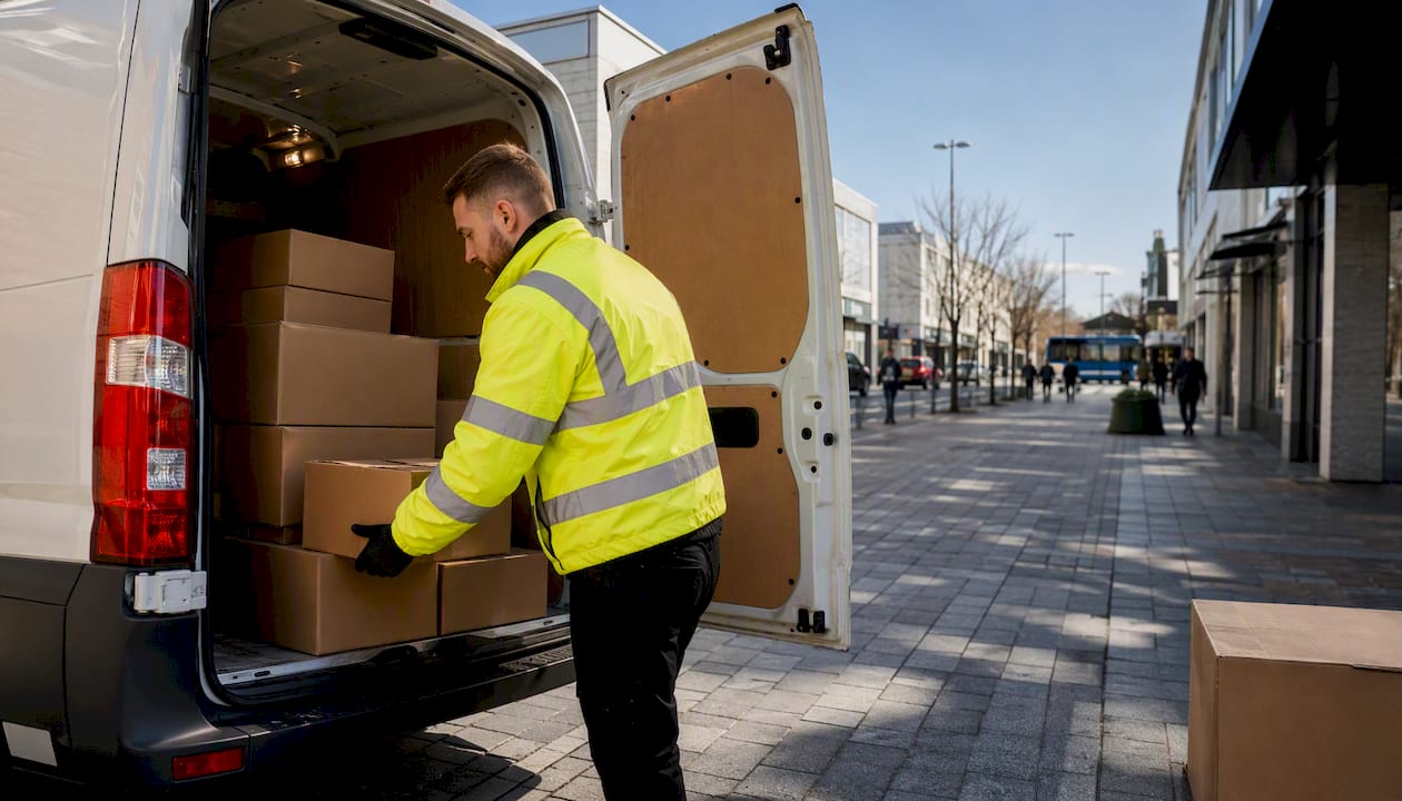 Courier loading packages into van