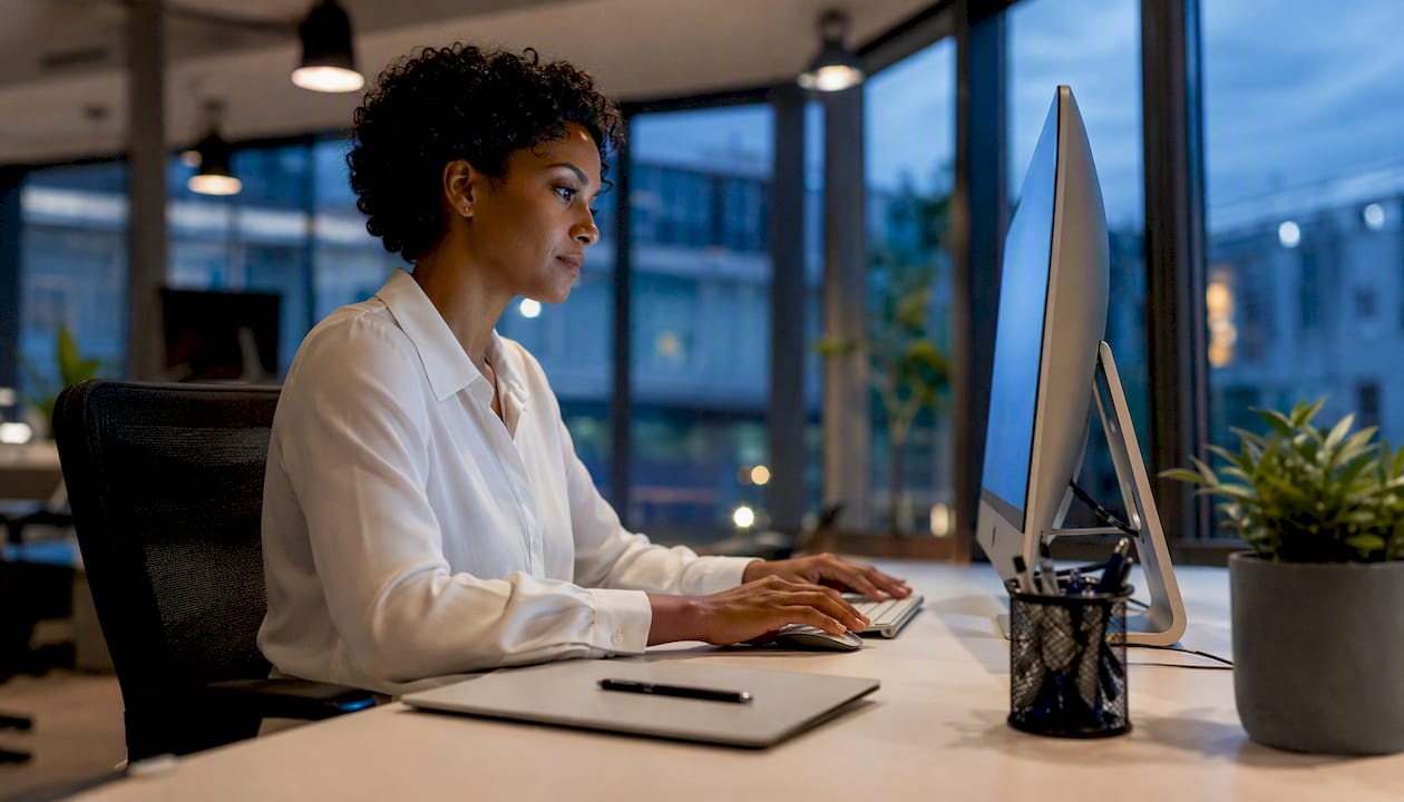Receptionist booking courier service at desk