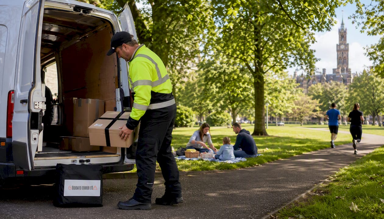 Courier loading parcel into van on Bradford street