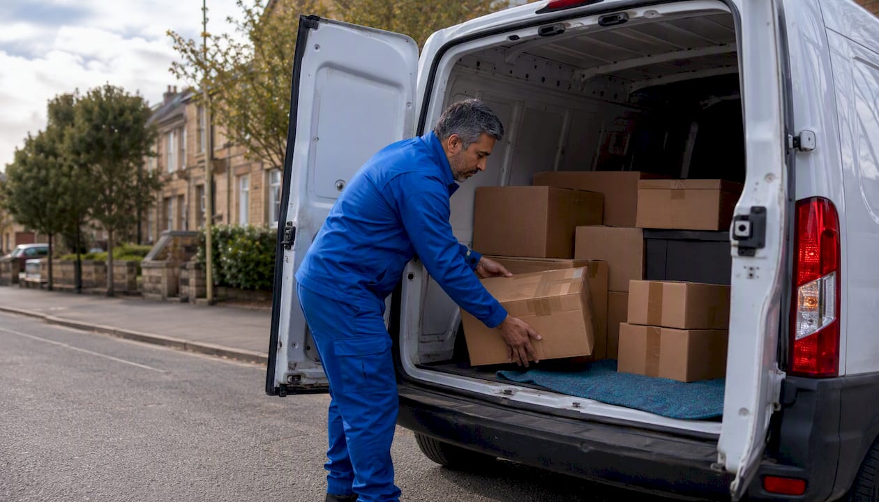 Courier loading parcels inside small delivery van