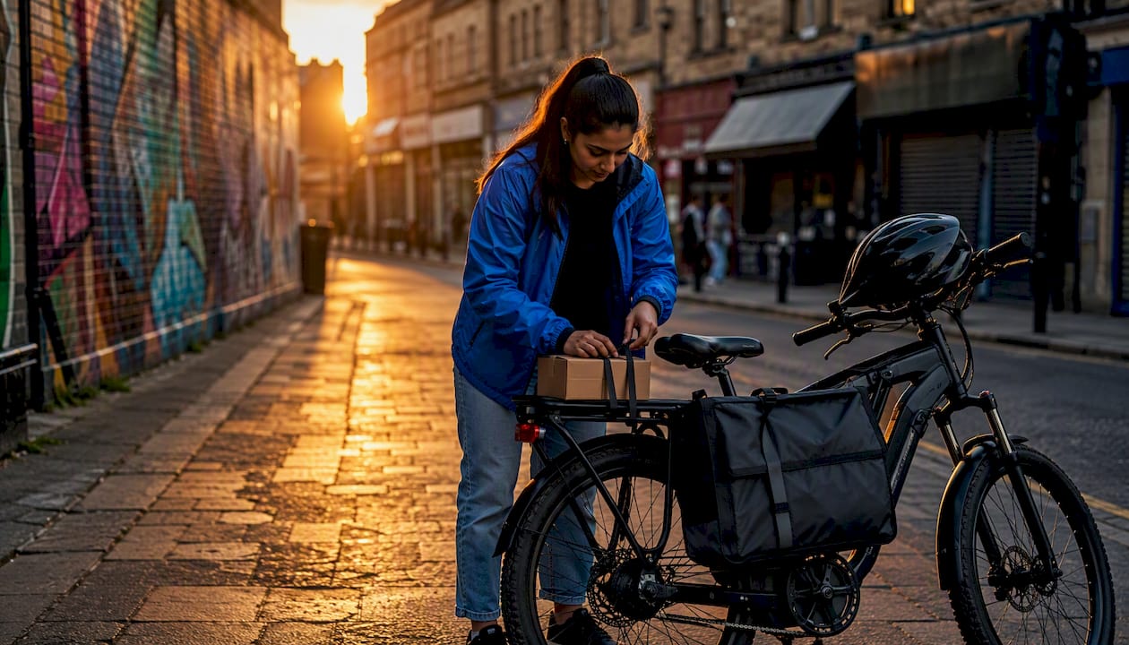 Courier fastening parcel on motorbike in Bradford