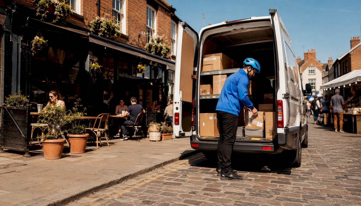 Courier loading packages into delivery van