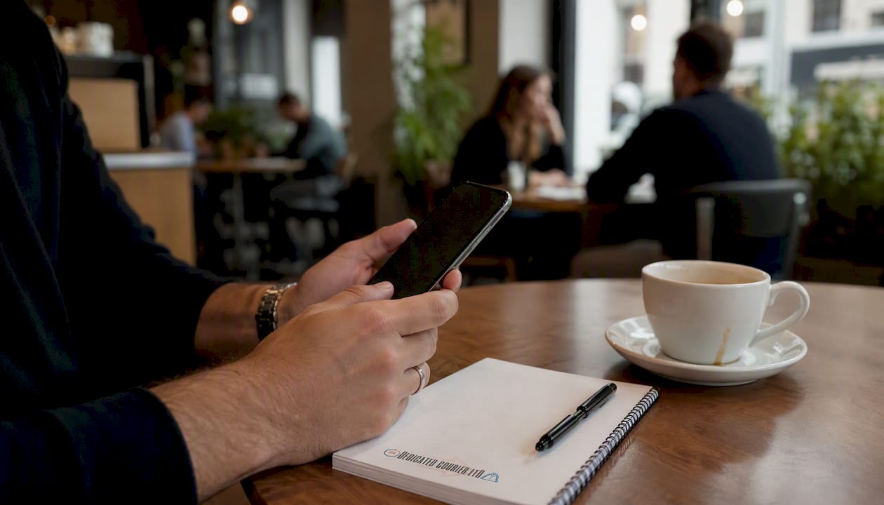 Hands holding smartphone preparing courier booking details