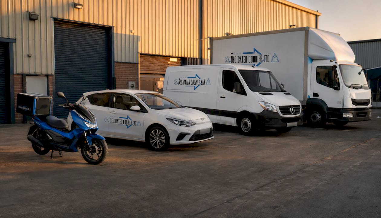 Various courier vehicles parked outdoors