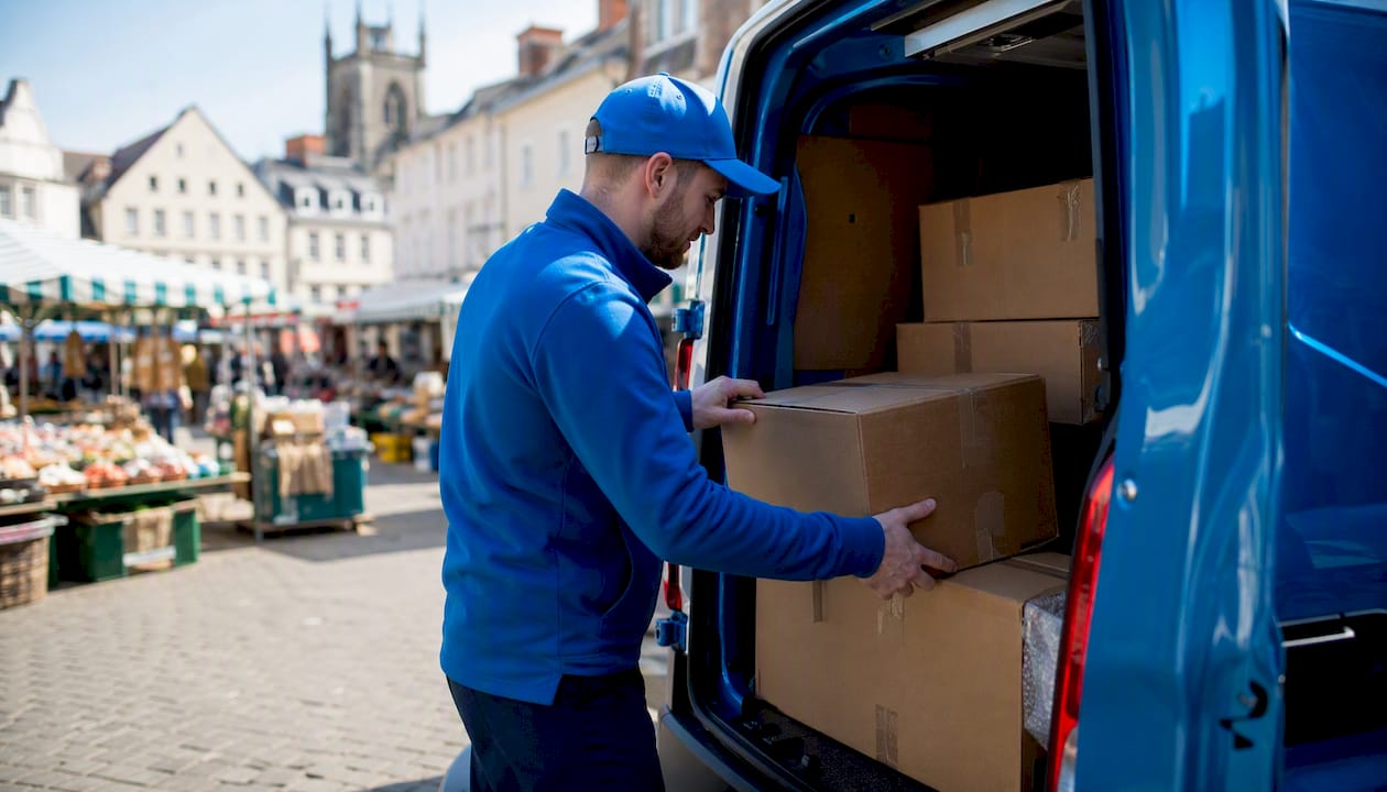 Courier loading parcel into delivery van