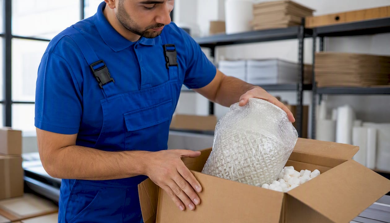 Hands packing fragile ceramic vase with cushioning