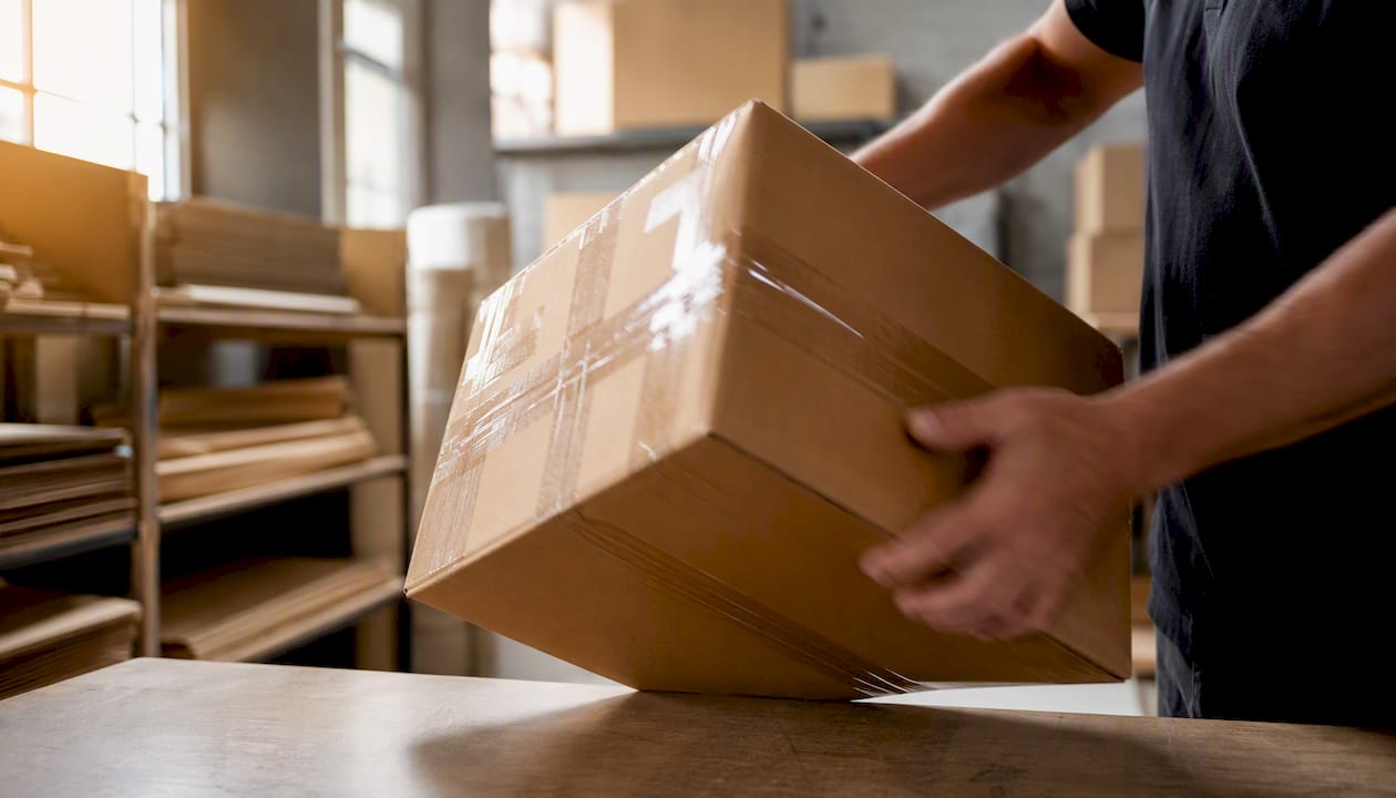 Hands shaking sealed fragile box testing movement