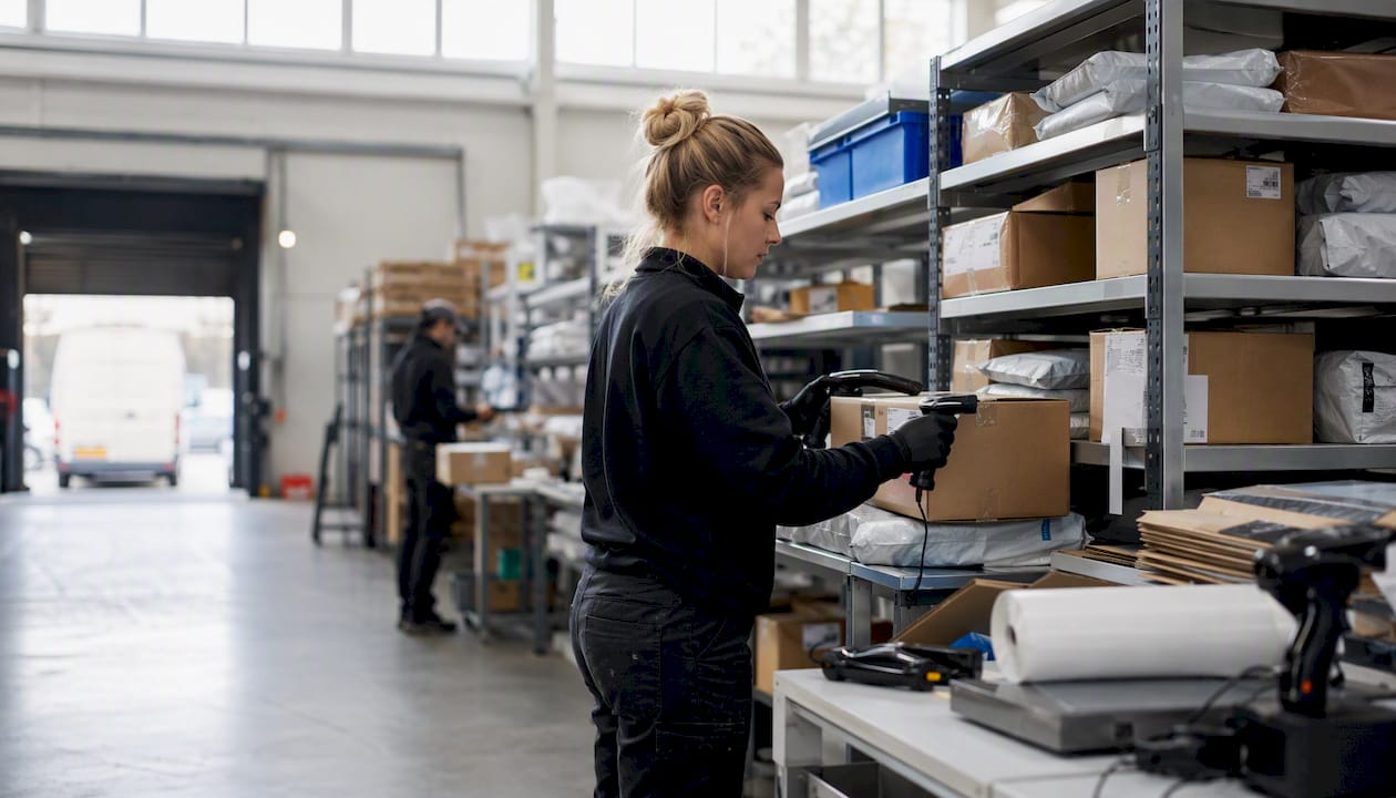 Hands sorting returned parcels in warehouse