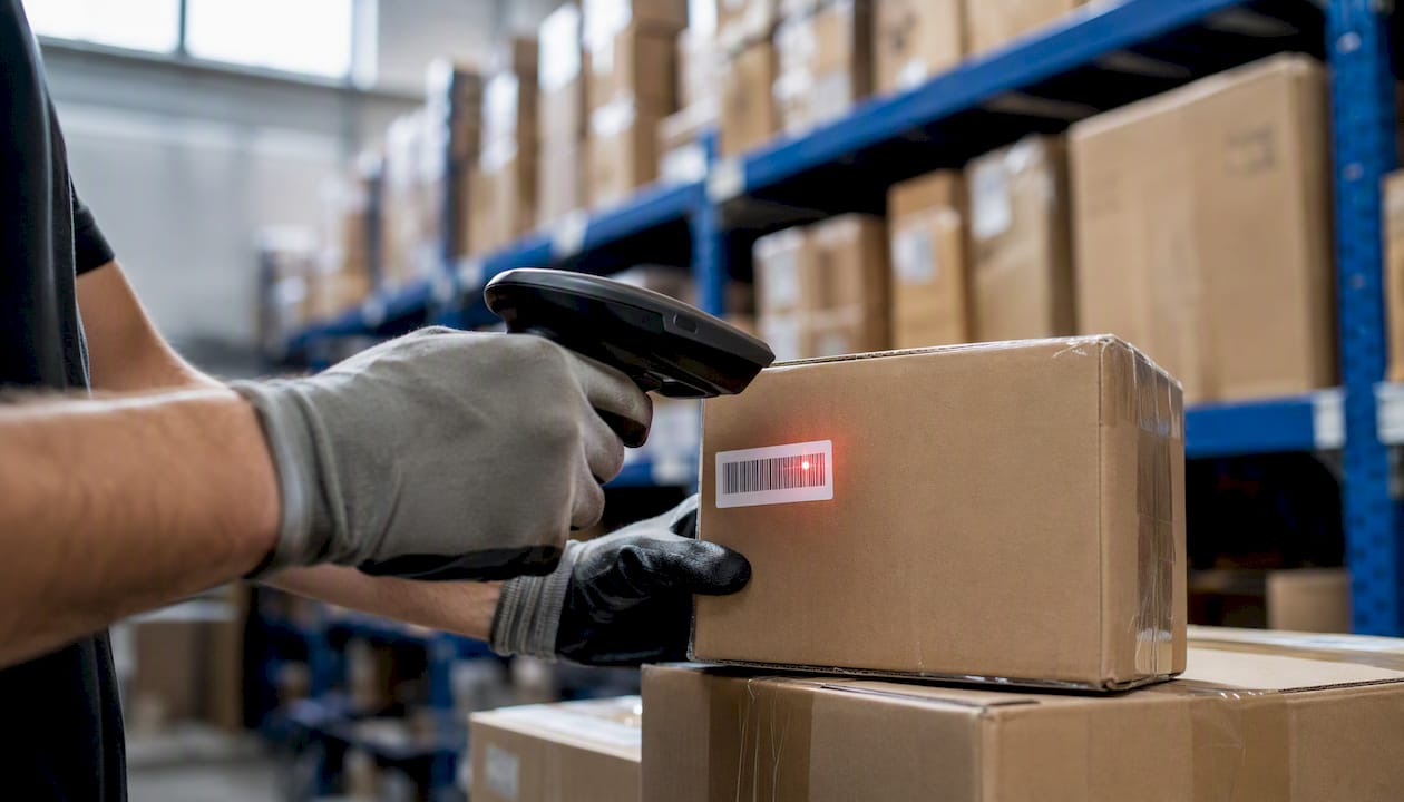 Hands scanning parcel barcode in warehouse
