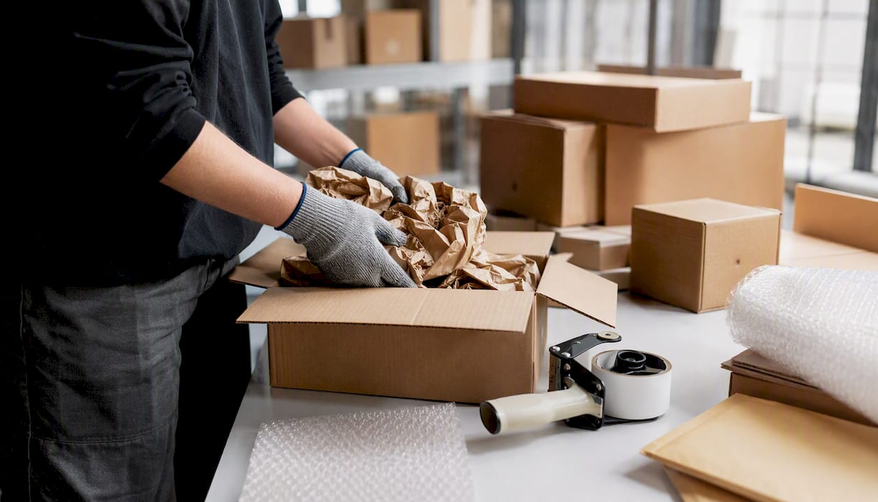 Hands packing protective void fill in box