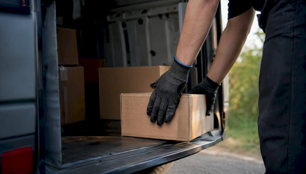 Courier loading parcel into van