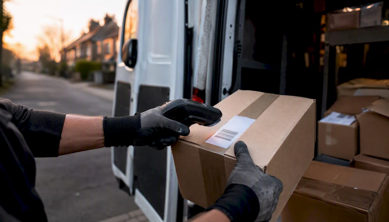 Courier scanning parcel near delivery van