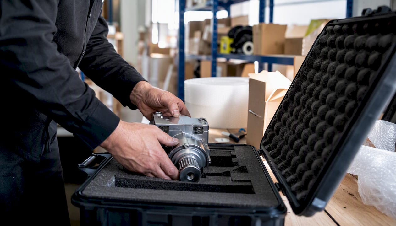 Hands packing urgent aircraft part for delivery