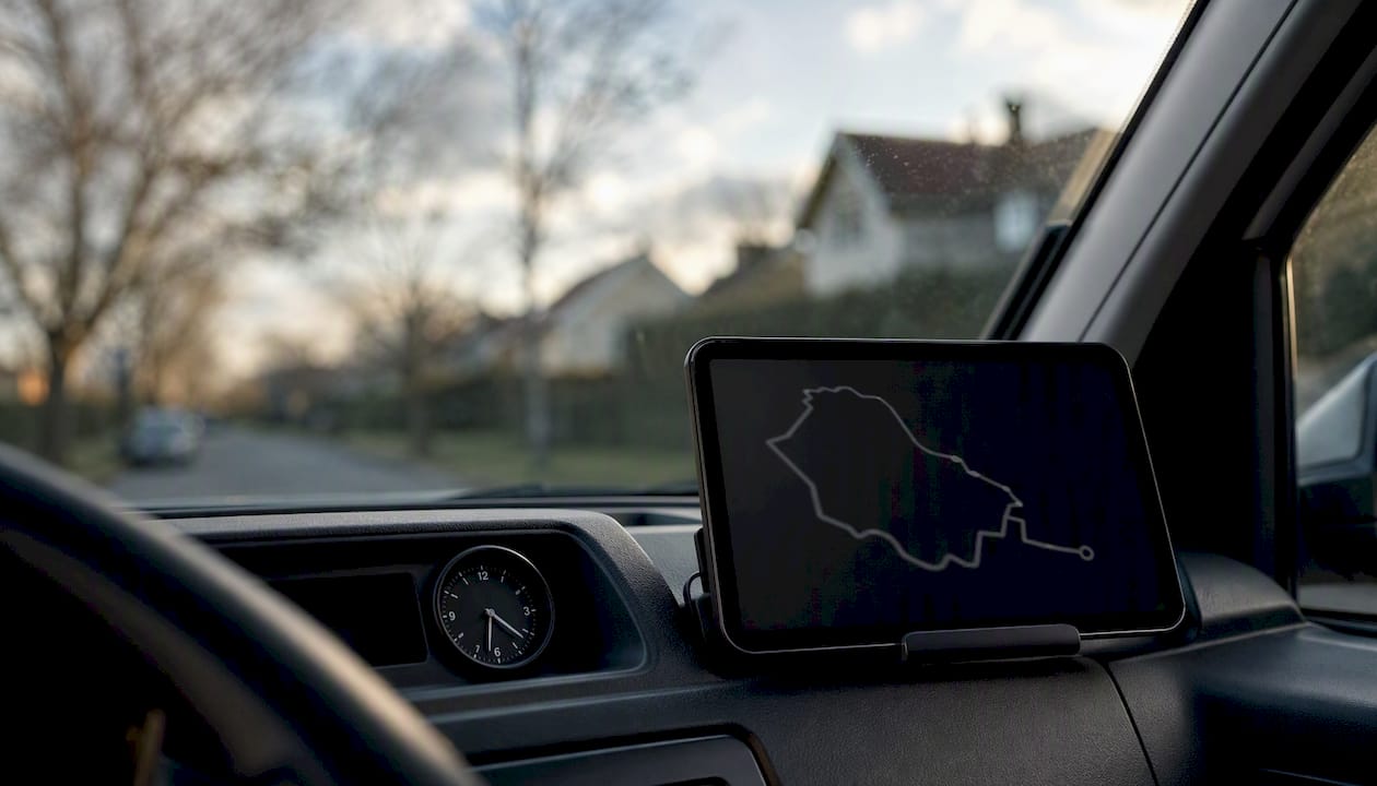 Courier van dashboard with clock and route
