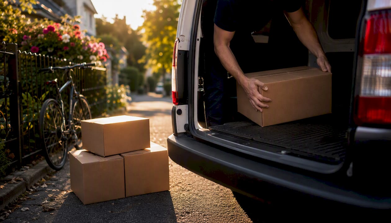 Courier loading parcel into delivery van