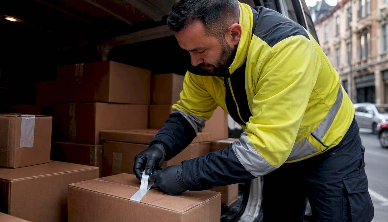 Courier sealing parcels in van cargo area