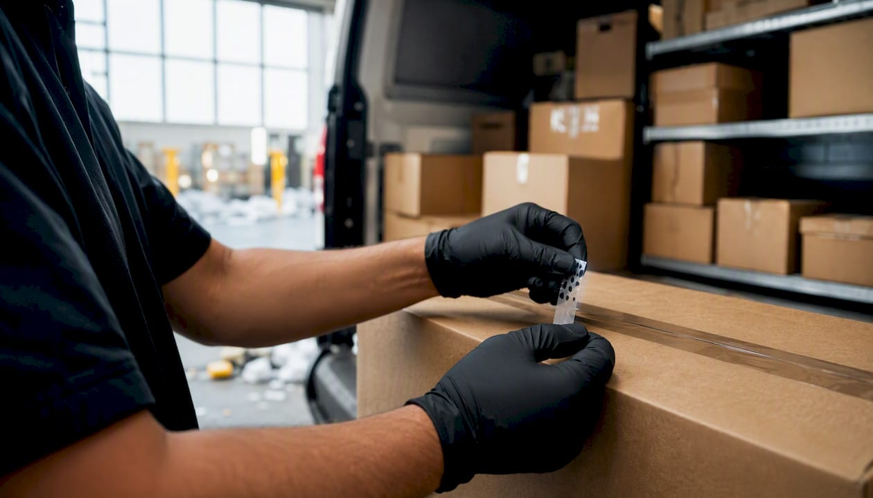 Hands sealing parcel in delivery van cargo