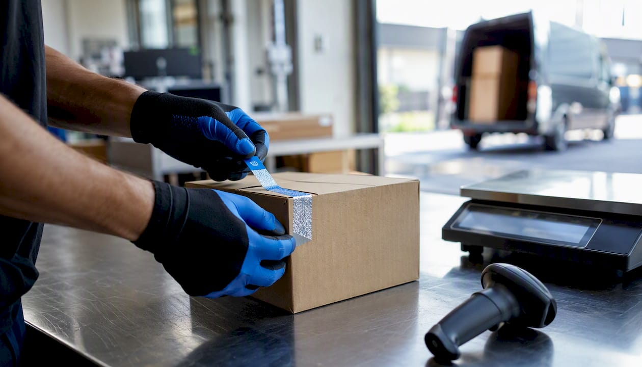 Hands sealing high-value parcel in warehouse