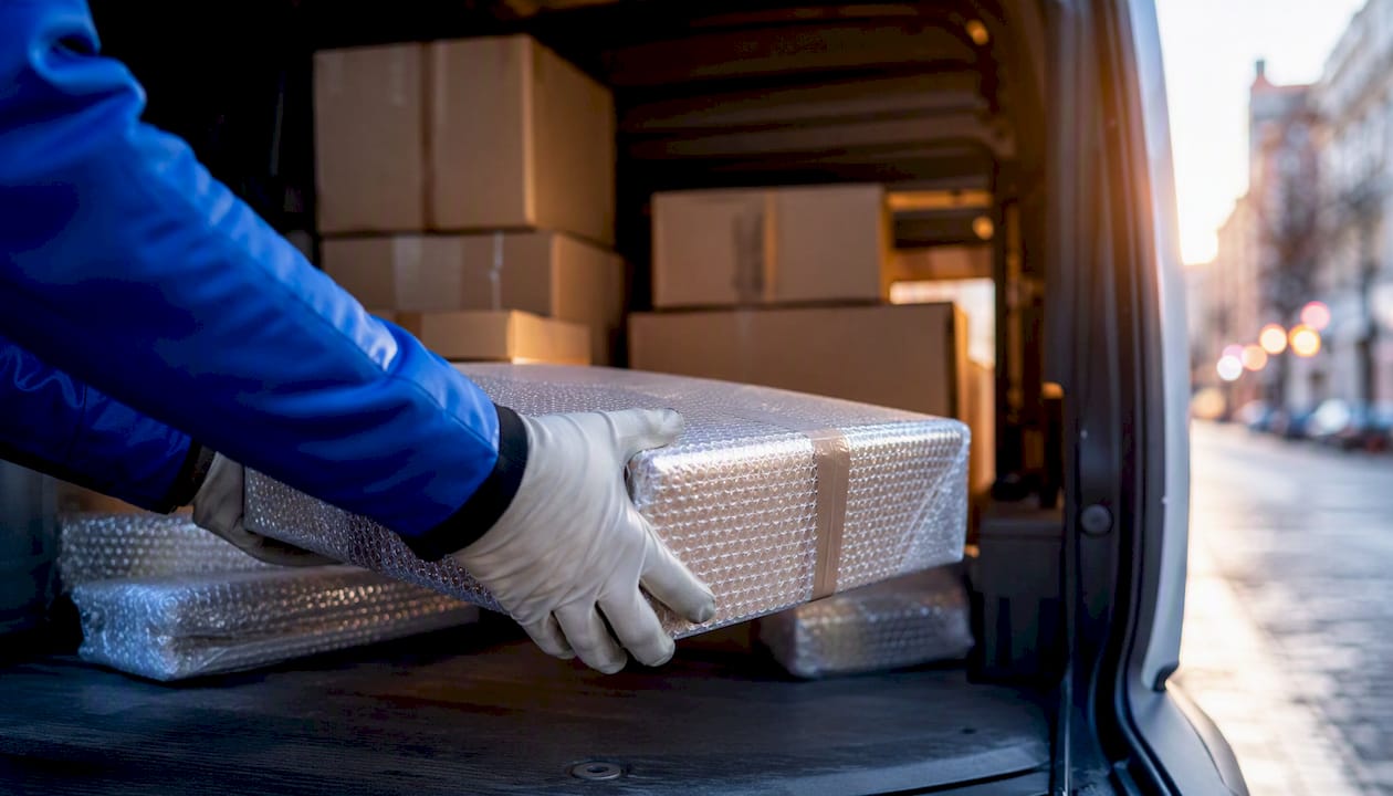 Courier loading fragile parcel into van cargo