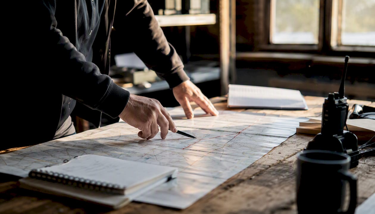 Hands pointing at routing map in logistics depot