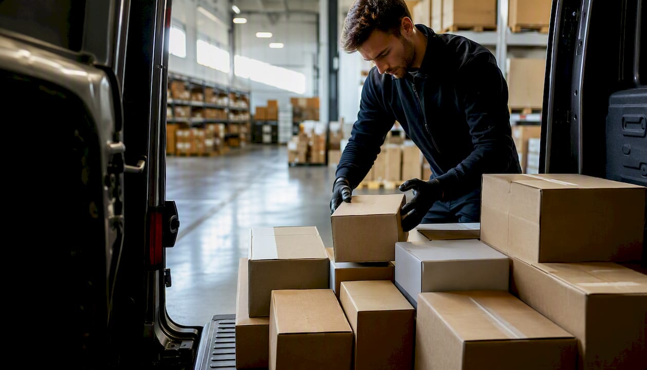 Hands loading parcels into delivery van in order