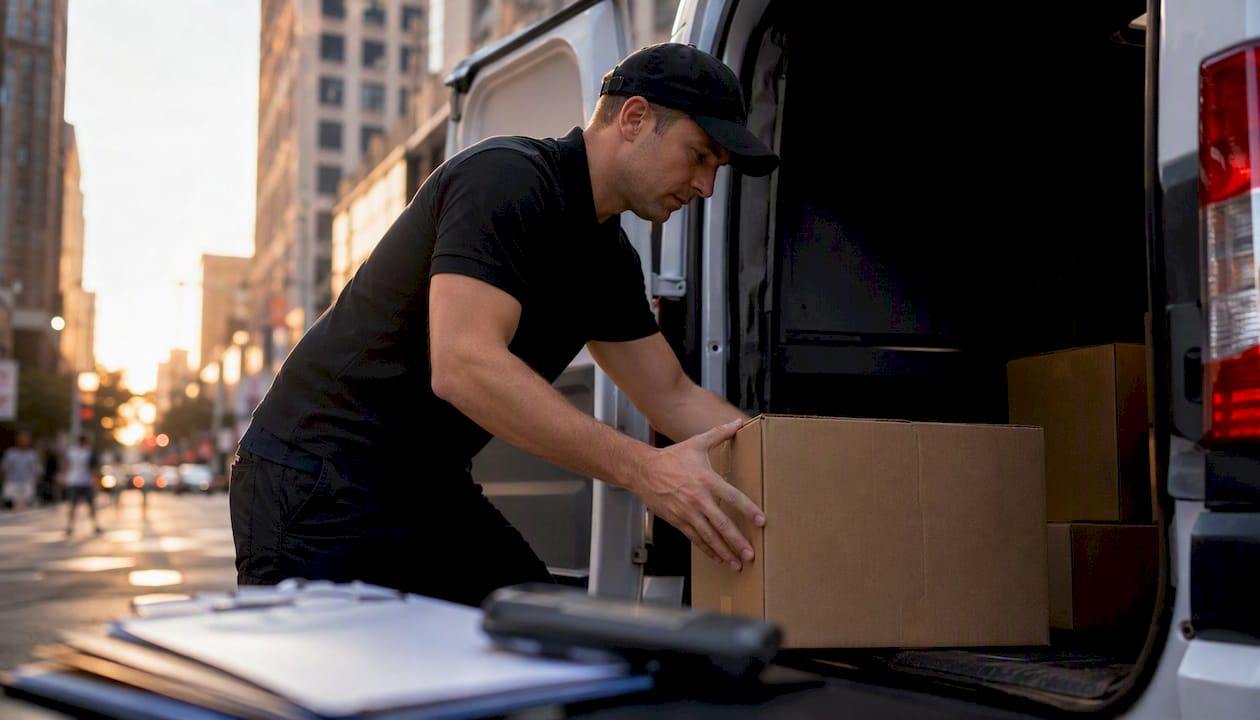 Courier loading parcel into van in city