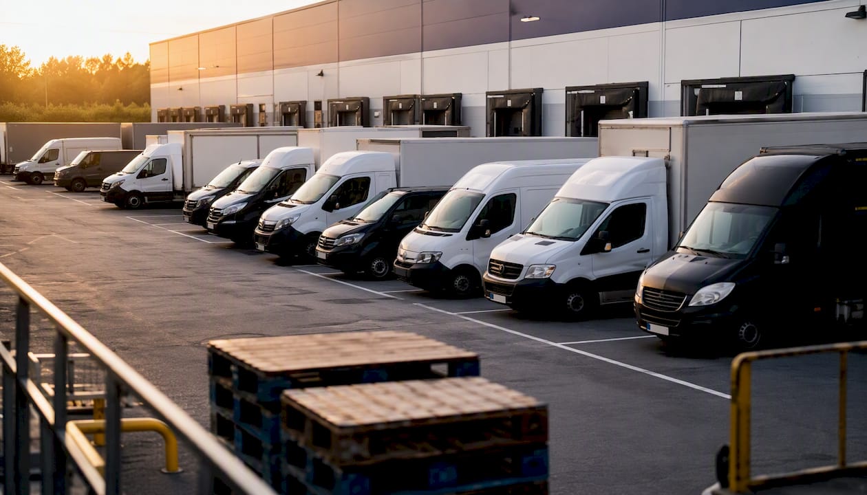 Mixed courier vehicles at logistics hub