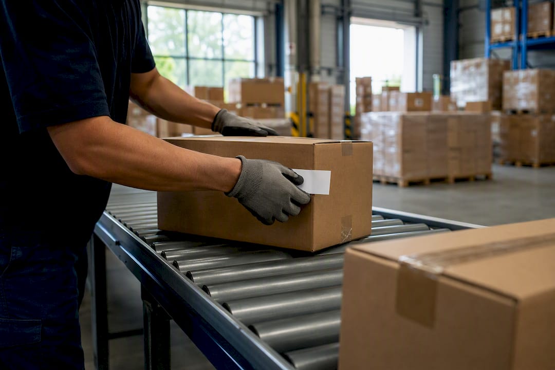 Warehouse hands inspecting received stock