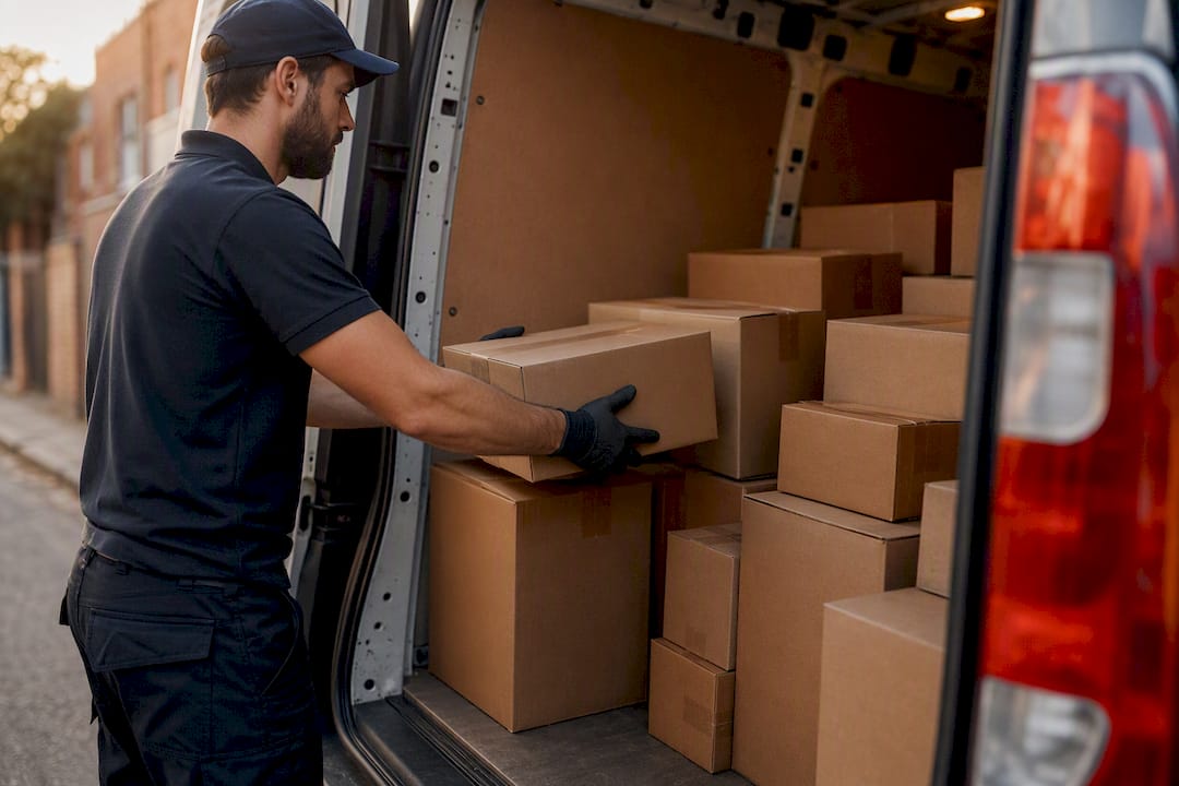 Hands loading parcels into courier van