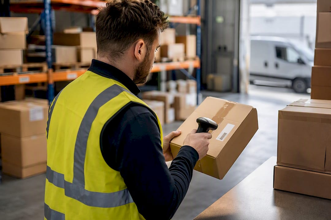 Warehouse worker scanning retail parcel