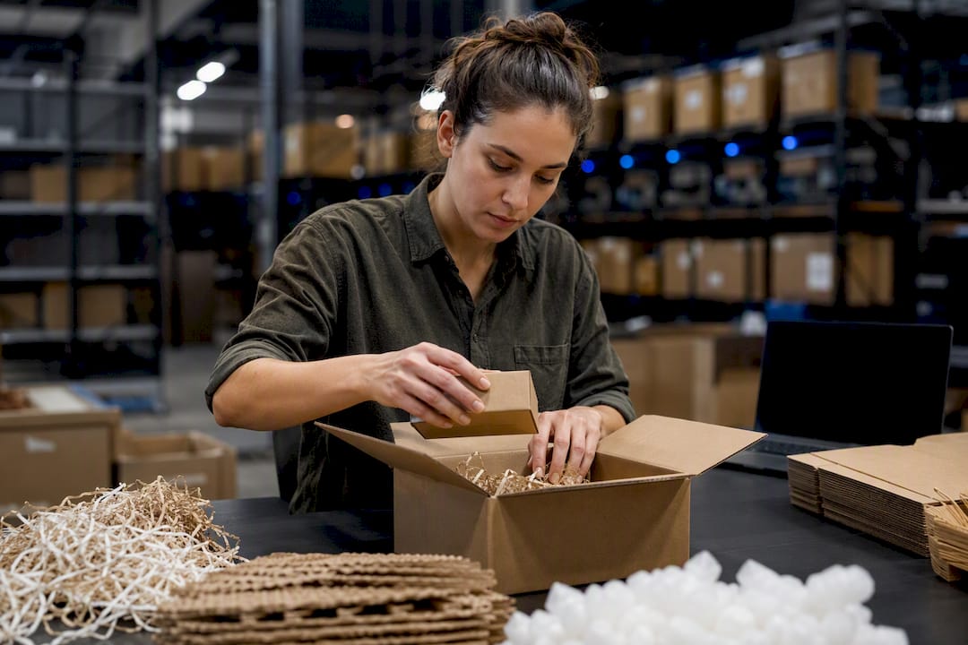 Worker packing parcel with modular inserts