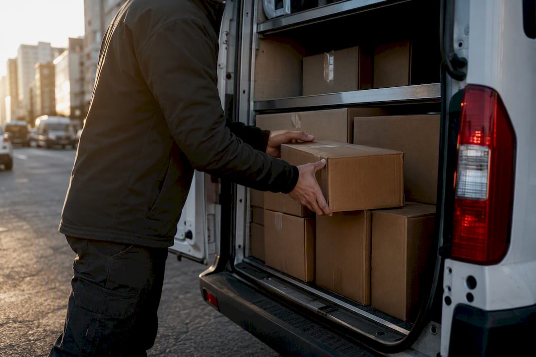 Courier loading parcel into delivery van