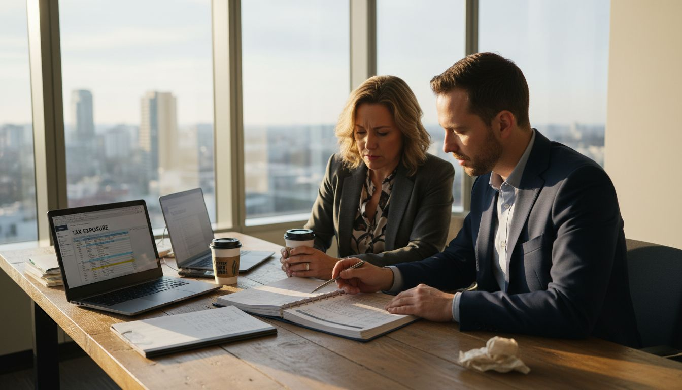 Tax advisor and client review documents in Dubai office