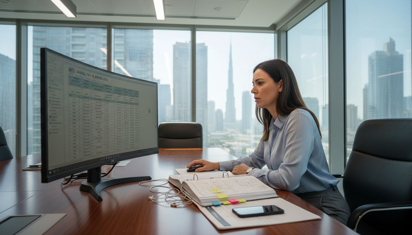 Woman reviewing corporate tax planning in boardroom