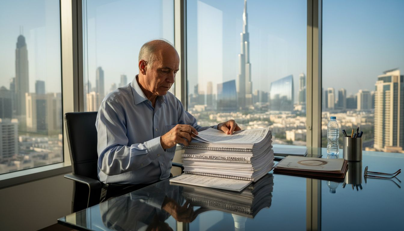 Accountant reviewing UAE standards in office