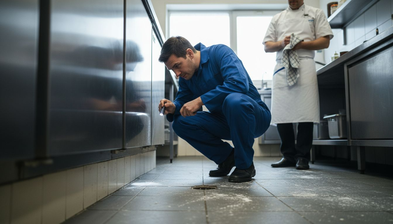 Inspector checks for pests along kitchen floor