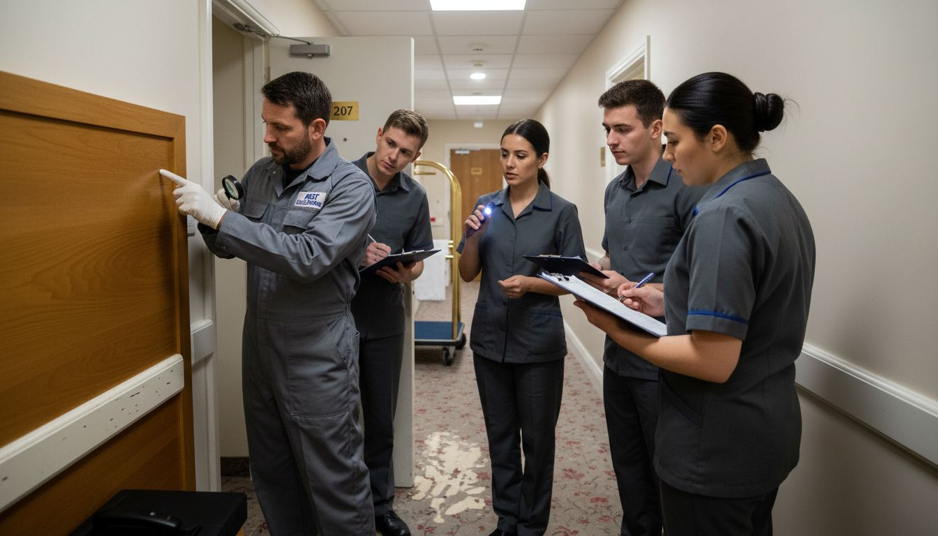 Hotel staff learning bed bug detection techniques